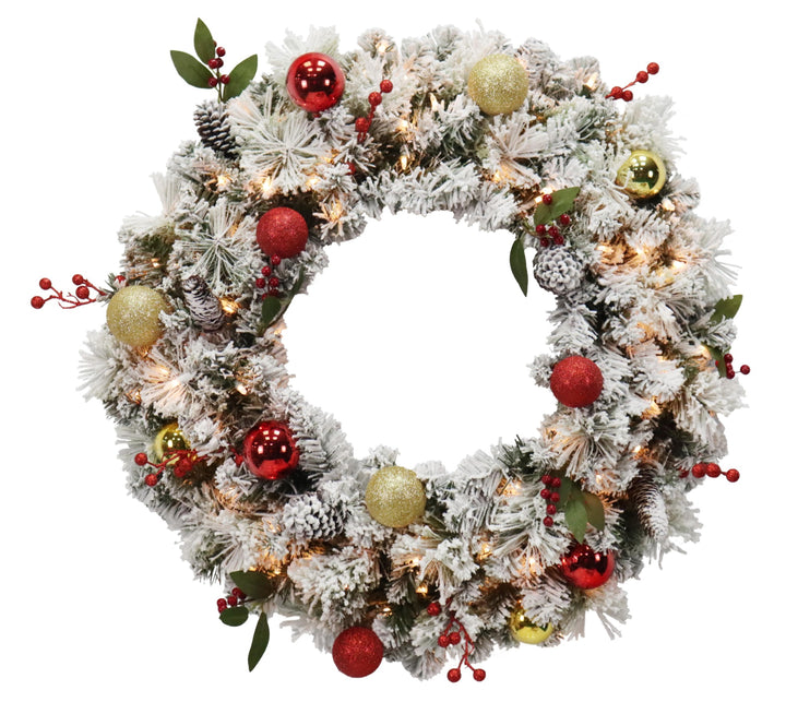 Puleo International 30in Pre-Lit Flocked Fairfield Wreath in Clear