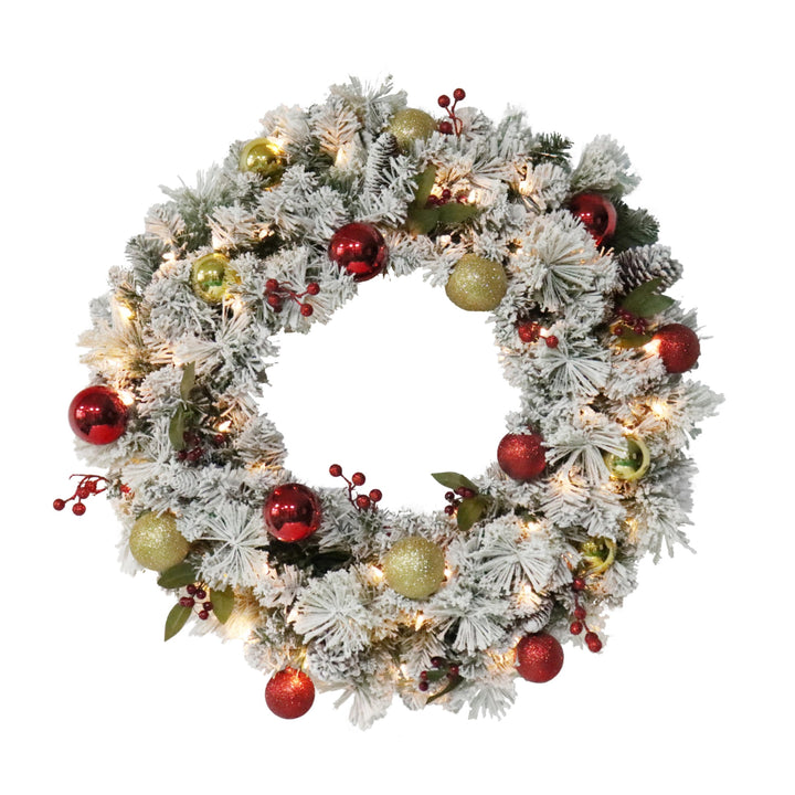 Puleo International 30" Pre-Lit Fairfield Flocked Wreath   with  Red & Gold Ball Ornaments, Berries, & Pinecones and Warm White Lights