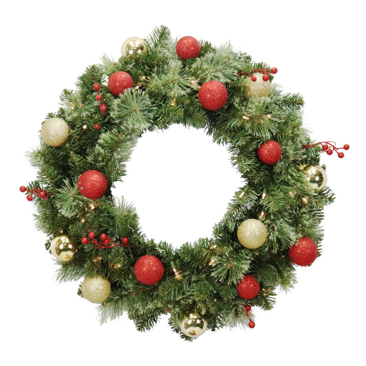 Puleo International 30" Pre-Lit Fairfield Green Wreath with Red & Gold Ball Ornaments & Berries and Warm White Lights