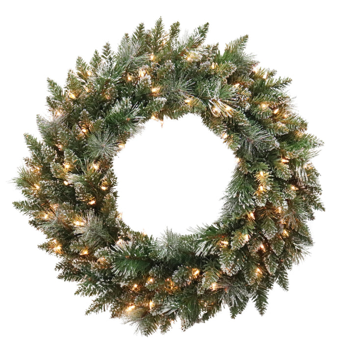 Puleo International 30" Pre-lit Snowy Silverton Pine Wreath with Clear Lights