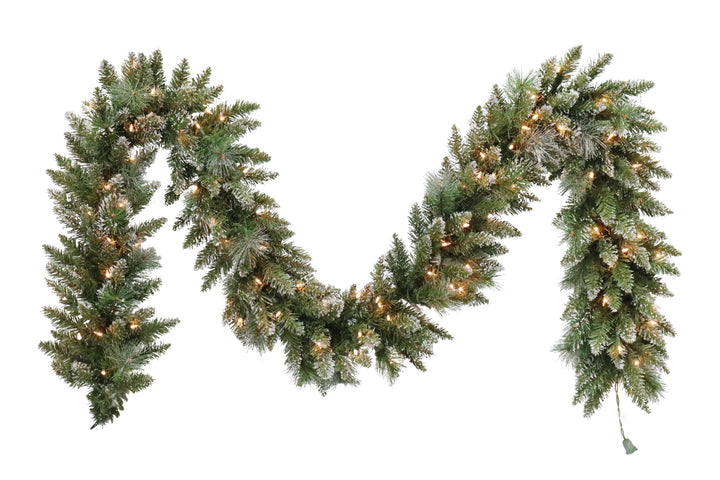 Puleo International 9ft x 12in Snowy Silverton Pine Garland with Glitter, 100 Clear Lights