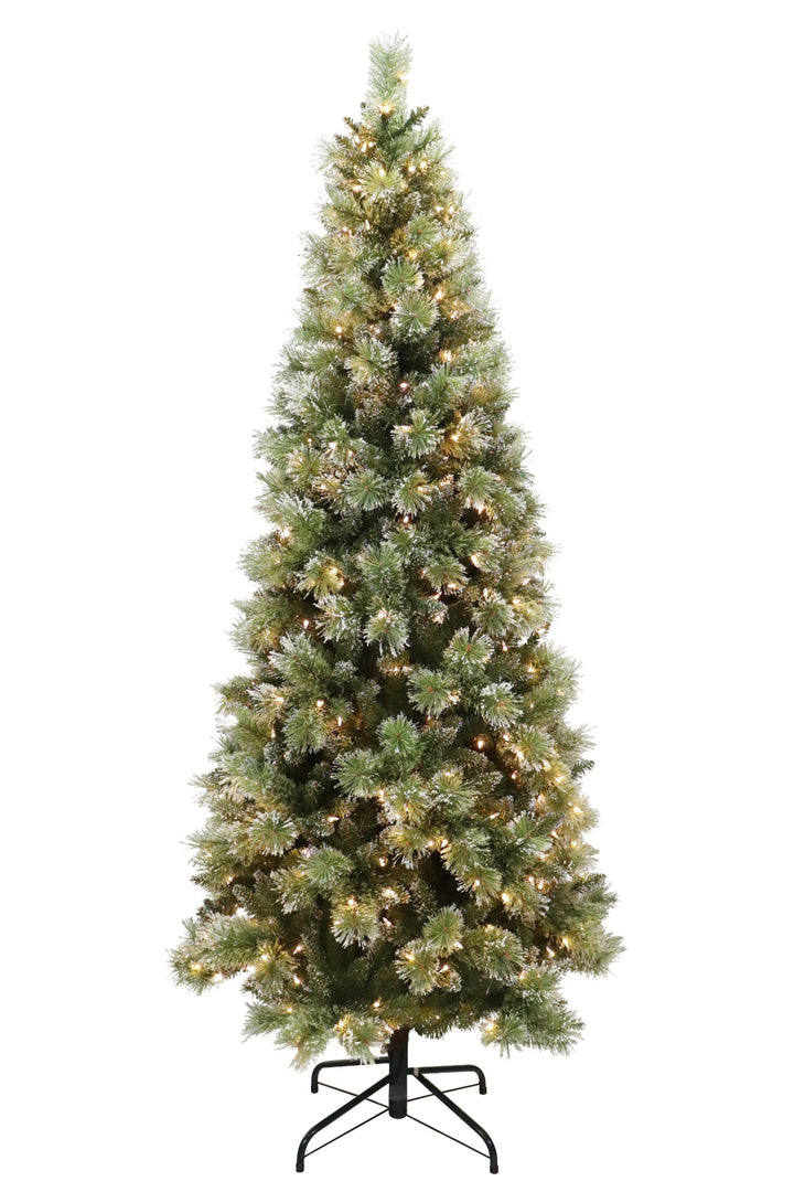 Puleo International 7.5ft Pre-Lit Snowy Silverton Pine Slim Tree with Glitter and  450 Dual Color LED Lights