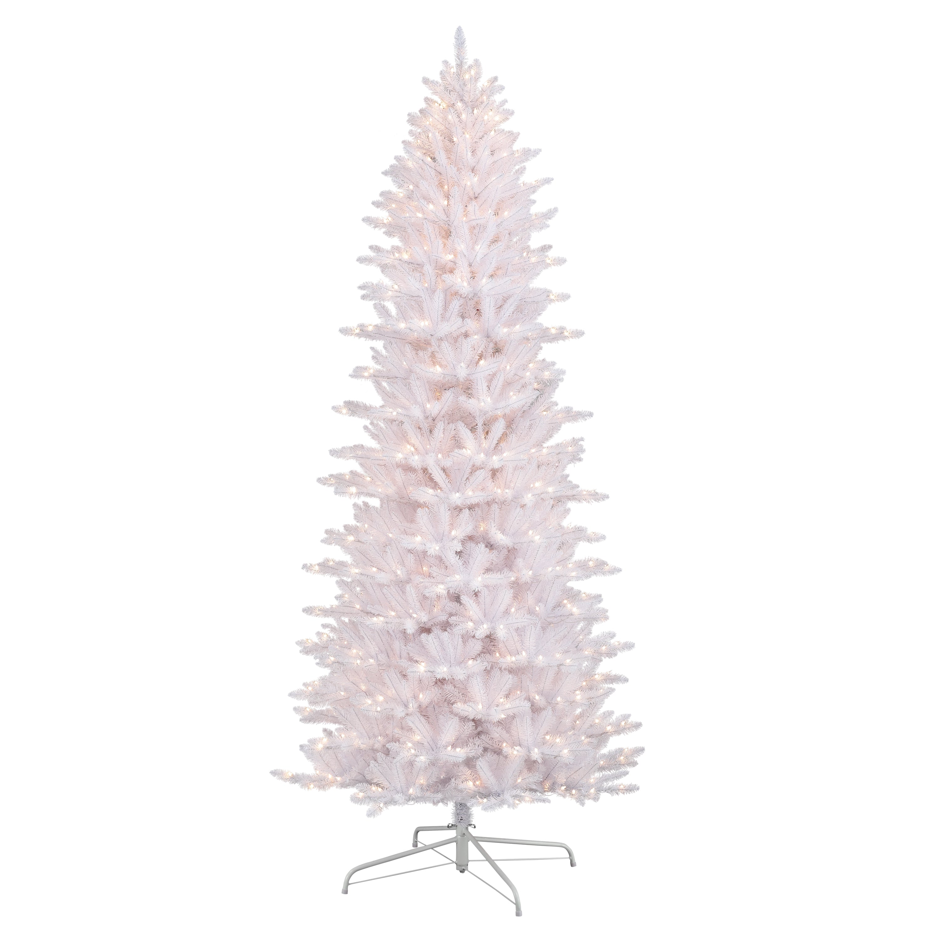 9 ft Pre-Lit White Slim Fraser Fir Artificial Christmas Tree with 800 UL Clear Lights On/Off Foot Pedal Metal Stand FFSLWA-90C8