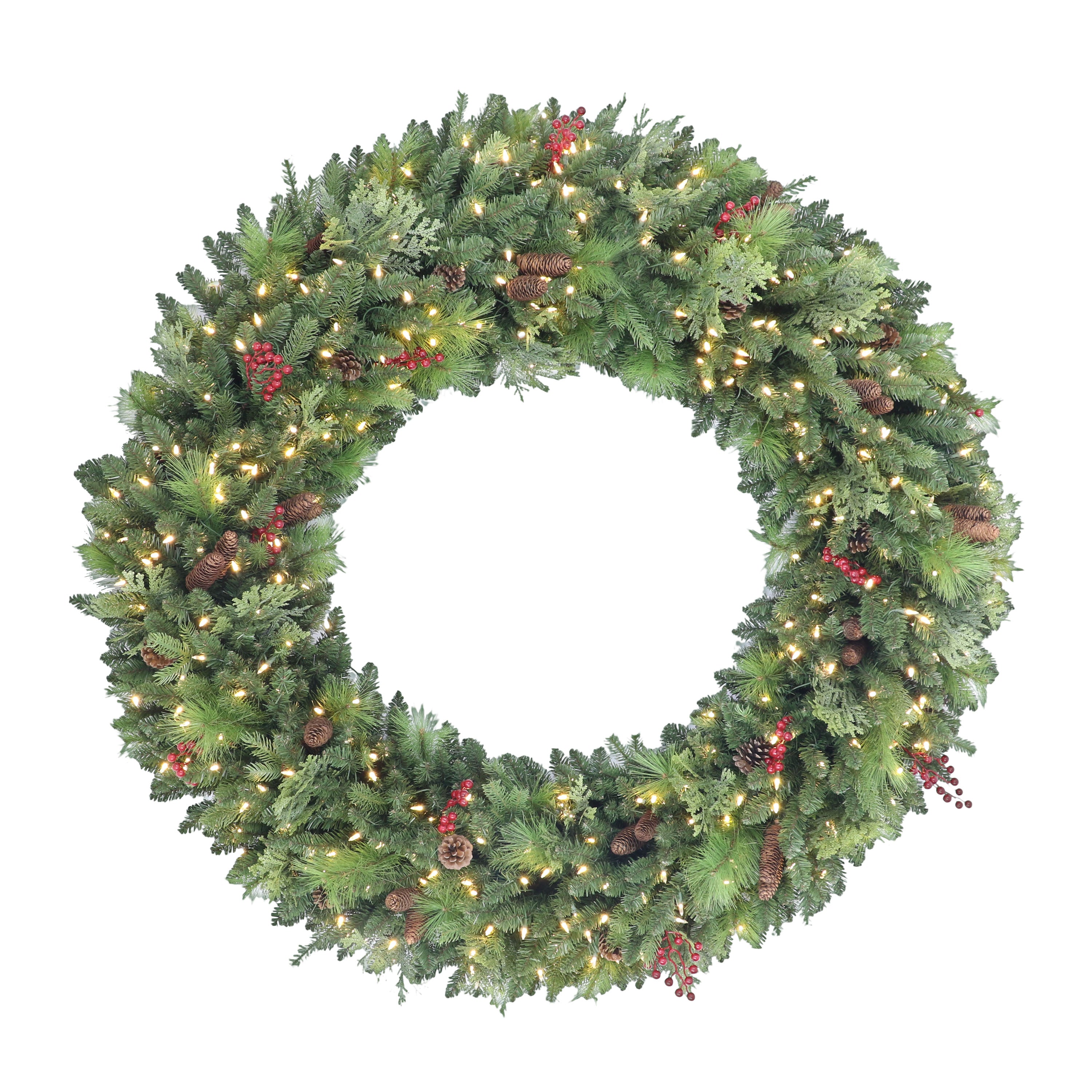 72 in Pre-lit Rocky Mountain Spruce Wreath with 500 UL Warm White LED Lights Outdoor/Indoor Use Commercial Grade Green ROKA-W72F5LW6
