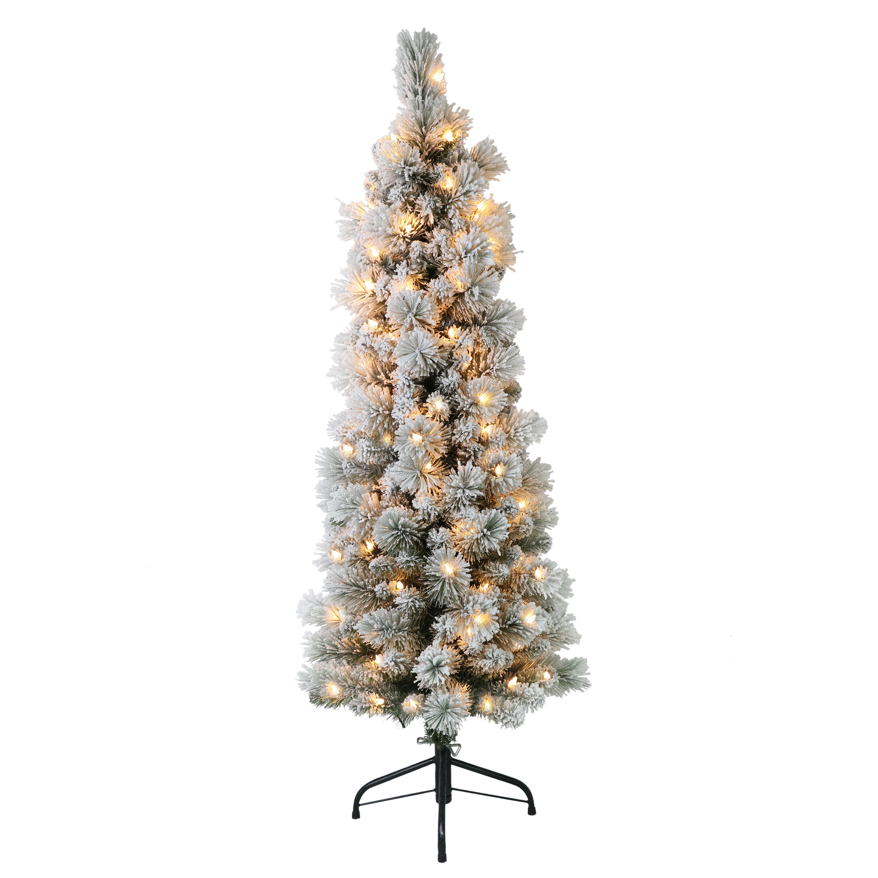 4.5 ft Pre-Lit Flocked Portland Pine Pencil Artificial Christmas Tree with 100 UL Clear Lights Metal Stand Green TFPA-8305-45C1