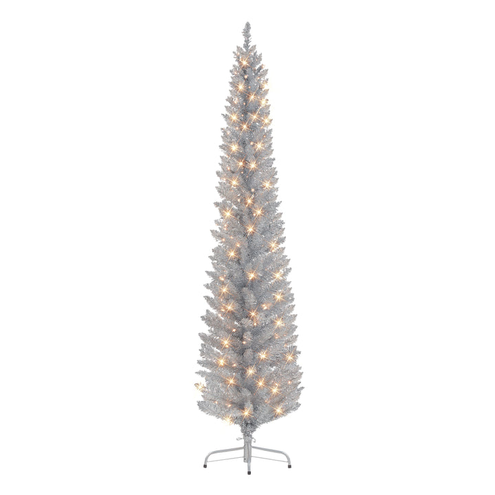 6 ft Pre-lit Silver Tinsel Pencil Tree 250 Tips 100 UL Clear Lights Metal stand 2642A-STSV60C1