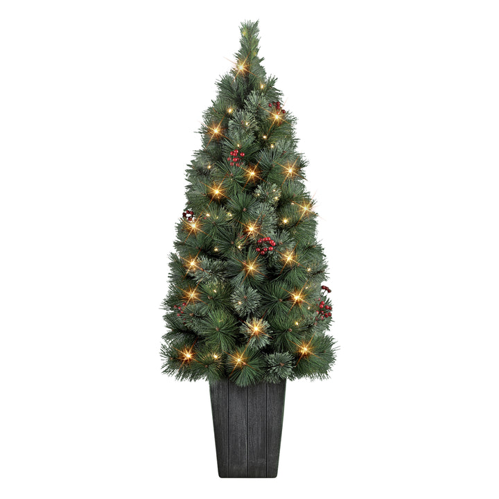 4 ft B/O Potted Cascade Pine Tree 100 B/O Warm White LED Lights Plastic Pot 6/18 Hours On/Off Timer Function CSPA-40LW5K1-BO