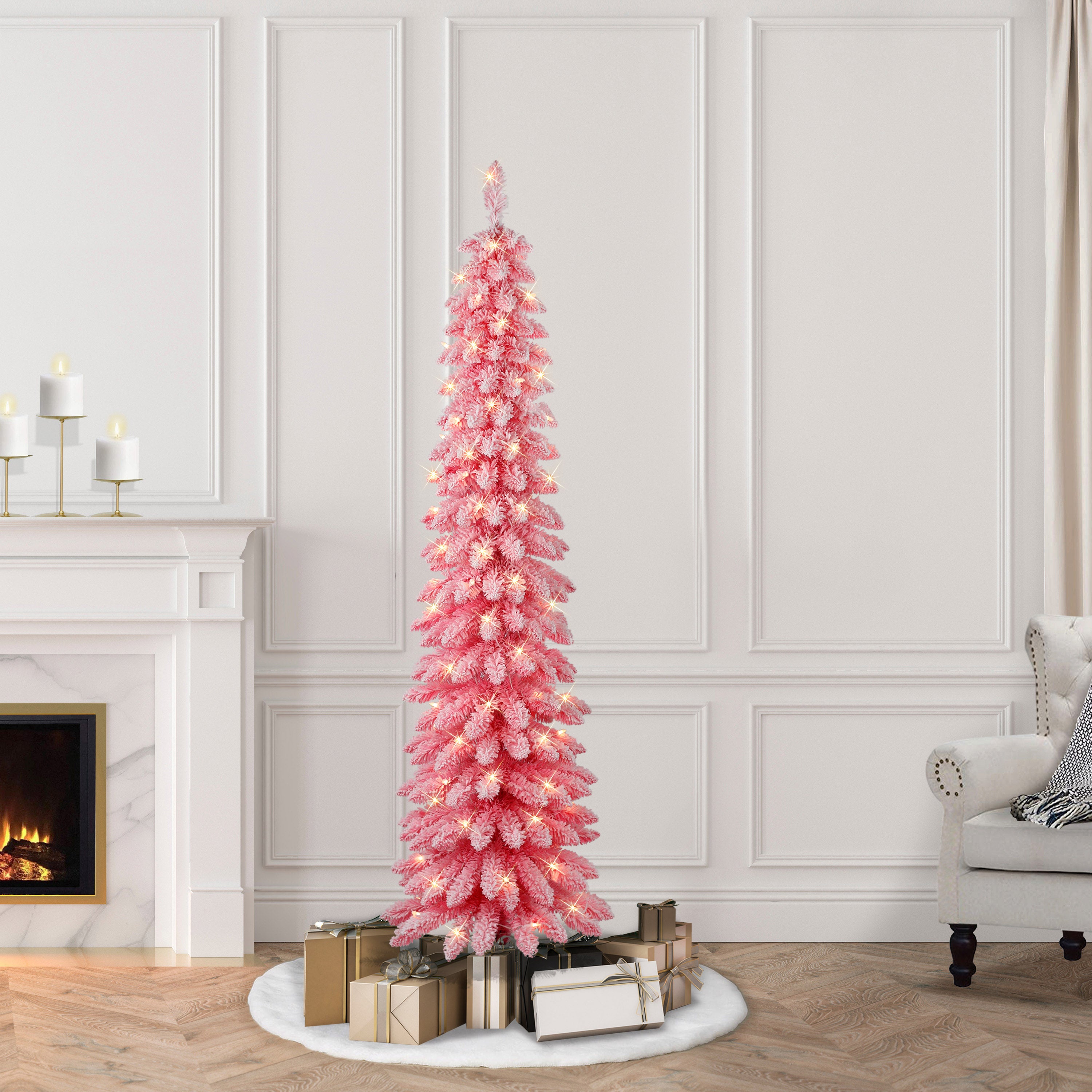 6ft Pre-Lit Flocked Pink Alpine Pencil Tree
