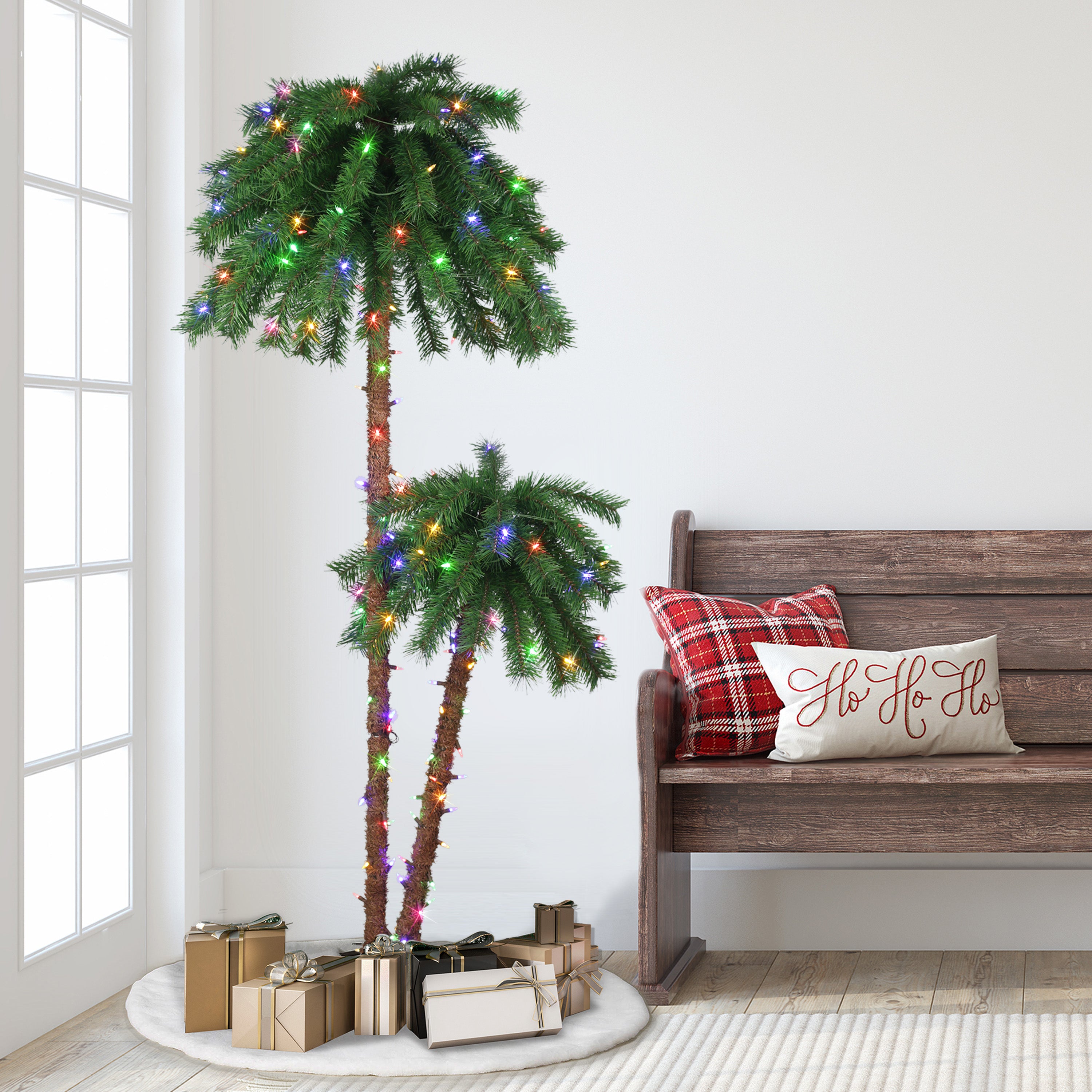 3.5ft & 6ft Pre-Lit Clear/Multi Double Trunk Palm Tree