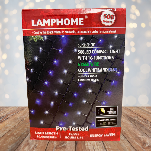 36FT 500LED Compact Light, with Functions, Green Wire, Cool White & Blue