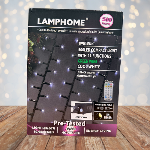 36FT 500LED Compact Light, with 8-Functions, Green Wire, Cool White