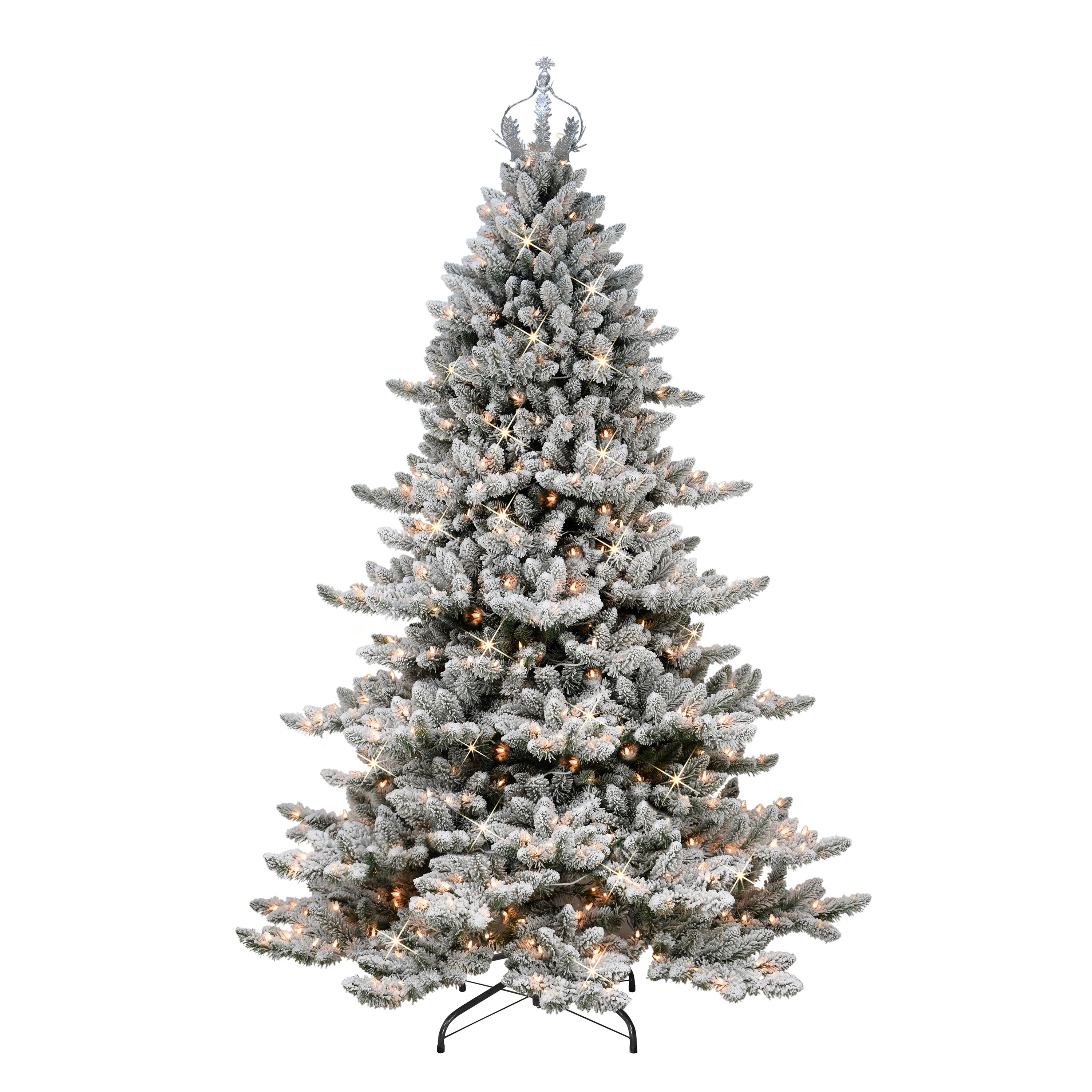 7.5 ft Pre-lit Flocked Royal Majestic Spruce Artificial Christmas Tree with 700 UL Clear Lights Silver Crown Treetop Metal Stand Green RMSFSCPA-75C7