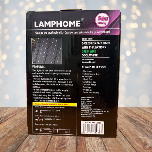 36FT 500LED Compact Light, with 8-Functions, Green Wire, Cool White