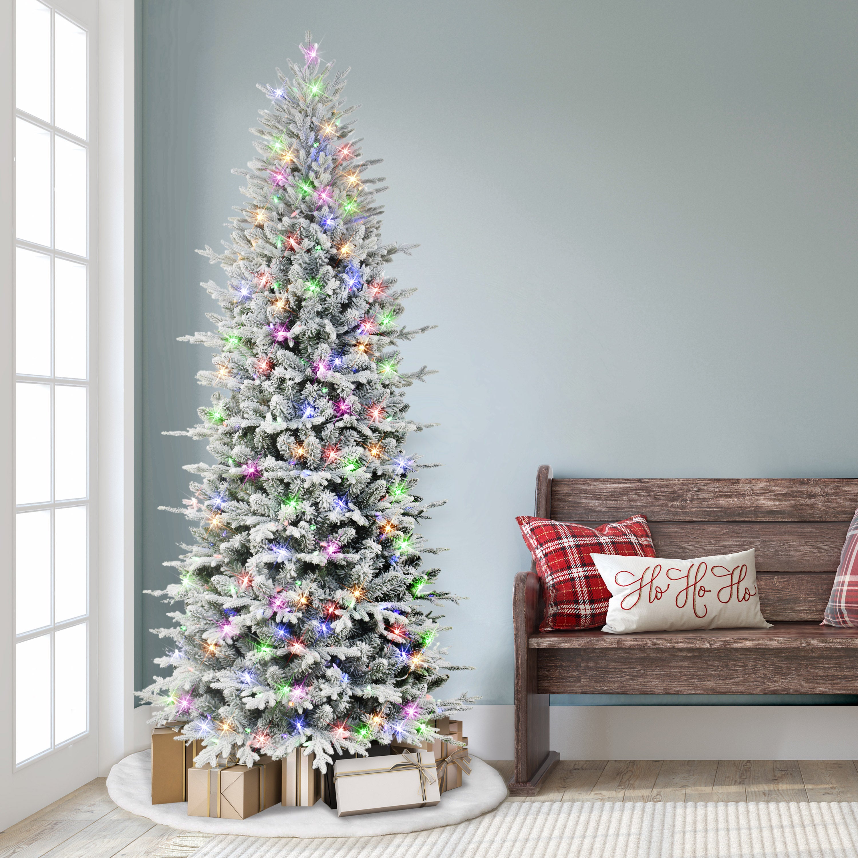 7.5ft Pre-lit Slim Flocked Northern Fir Christmas Tree 400 Dual Color LED Lights