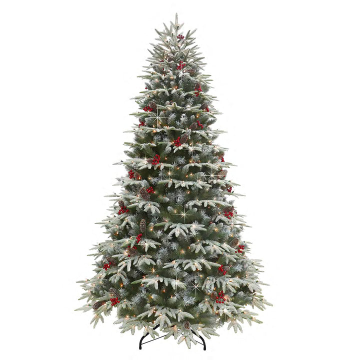 6.5 ft Pre-lit Flocked Halifax Fir Artificial Christmas Tree 500 UL Clear Lights Pinecones & Red Berries Metal Stand Green HXA-65C5