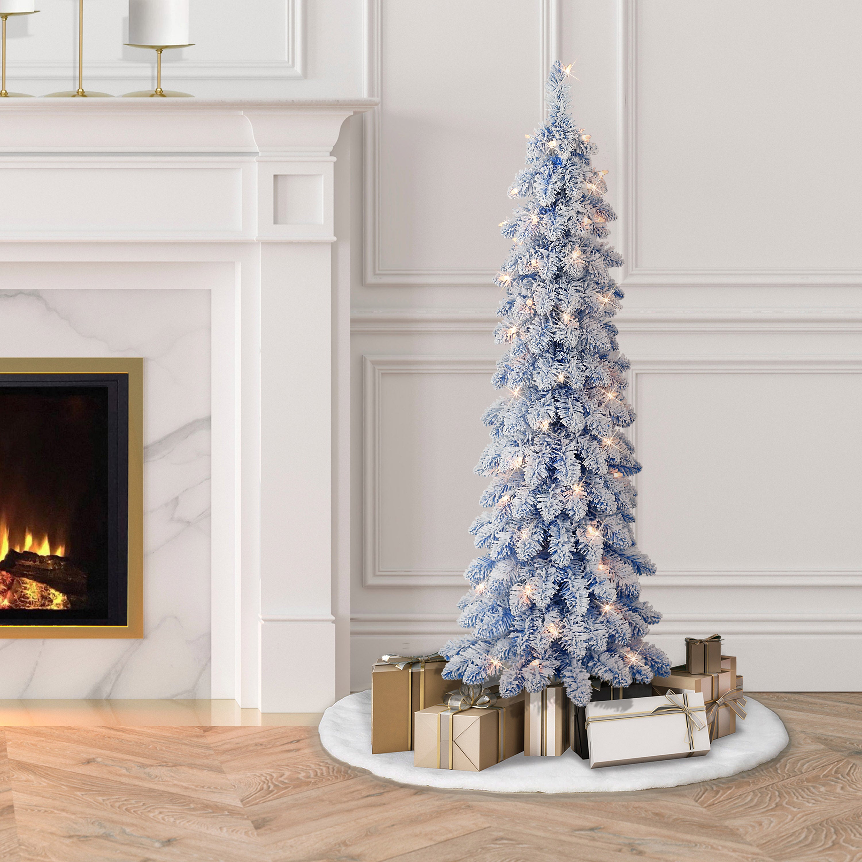 4ft Pre-Lit Flocked Blue Alpine Pencil Tree