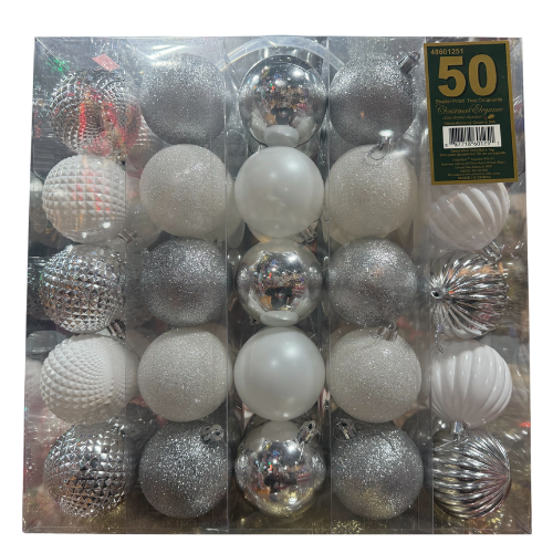 70mm Silver & White Shatterproof Balls - Set of 50