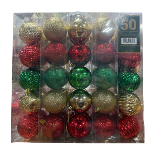 70mm Gold, Red & Green Shatterproof Balls - Set of 50