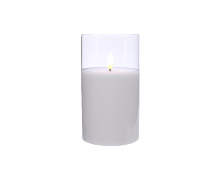 Lumineo 5"(H) x 3"(D) LED Glass Jar White Wax Candle with Flickering Flame, B/O # 485348