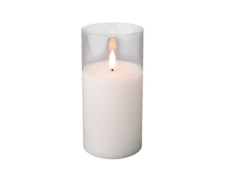 Lumineo 6"(H) x 3"(D) LED Glass Jar White Wax Candle with Flickering Flame, B/O # 485349