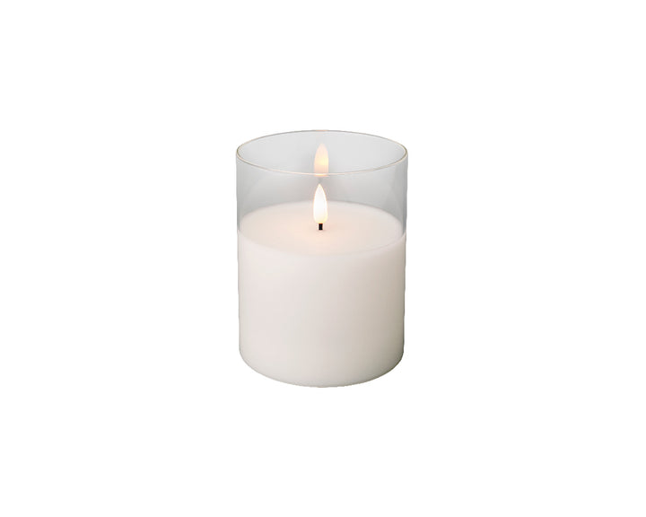 Lumineo 5"(H) x 4"(D) LED Glass Jar White Wax Candle with Flickering Flame, B/O # 485354