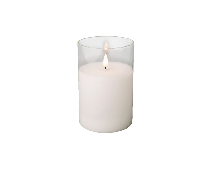 Lumineo 6"(H) x 4"(D) LED Glass Jar White Wax Candle with Flickering Flame, B/O # 485355