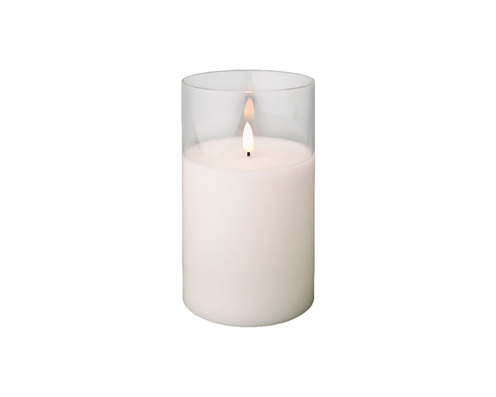 Lumineo 7"(H) x 4"(D) LED Glass Jar White Wax Candle with Flickering Flame, B/O