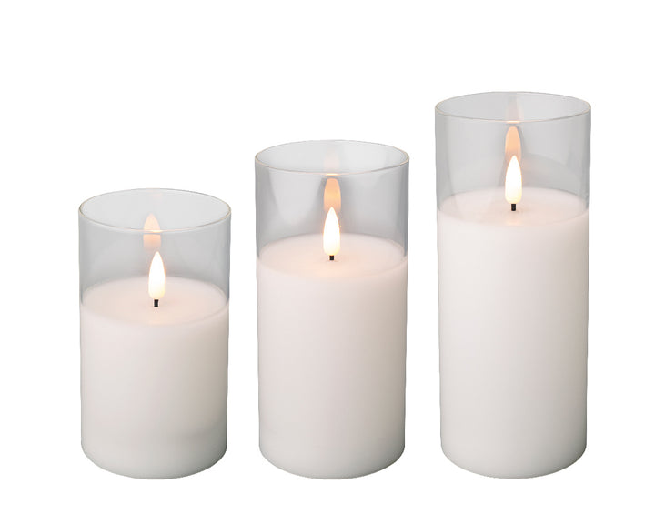 Lumineo  5-7"(H) x 4"(D) LED Glass Jar White Wax Candle with Flickering Flame, B/O - Set of 3 # 485836