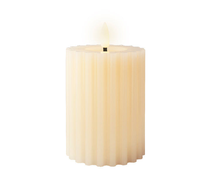 Lumineo 5"(H) x 3"(D) LED Ivory Fluted Wax Candle with Flickering Fame, B/O # 486837