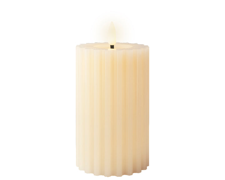 Lumineo 6"(H) x 3"(D) LED Ivory Fluted Wax Candle with Flickering Fame, B/O