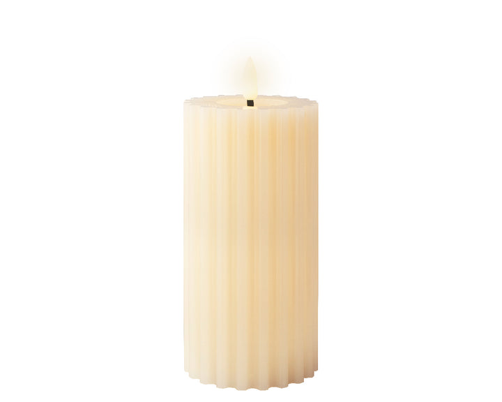 Lumineo 7"(H) x 3"(D) LED Ivory Fluted Wax Candle with Flickering Flame, B/O # 486839