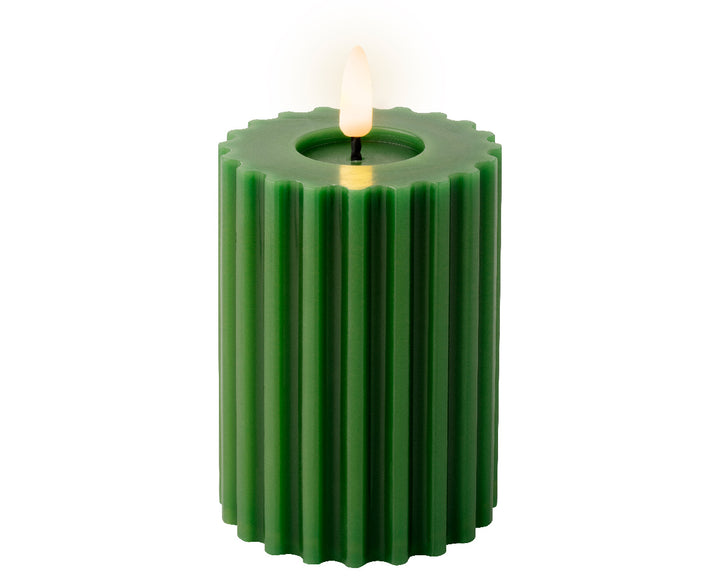 Lumineo 5"(H) x 3"(D) LED Green Fluted Wax Candle  with Flickering Flame, B/O # 487426