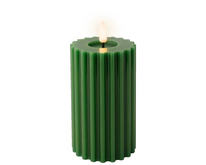 Lumineo 6"(H) x 3"(D) LED Green Wax Fluted Wax Candle with Flickering Flame, B/O # 487427