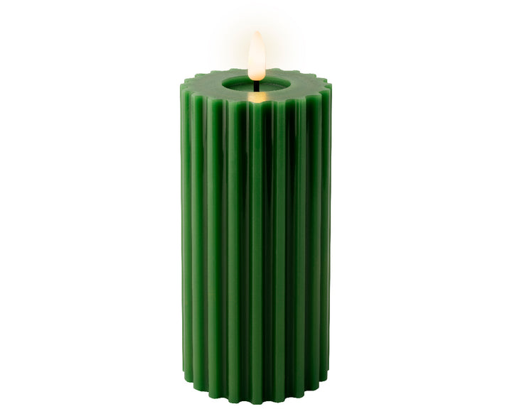 Lumineo 7"(H) x 3"(D) LED Green Wax Fluted Wax Candle with Flickering Flame, B/O # 487428