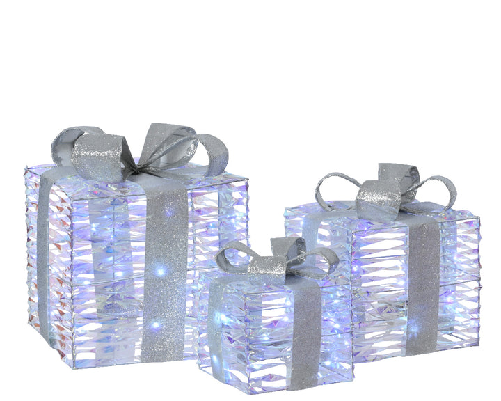 Lumineo 6-10" LED Clear/Silver Gift Box in Cool White, B/O - Set of 3 # 487949