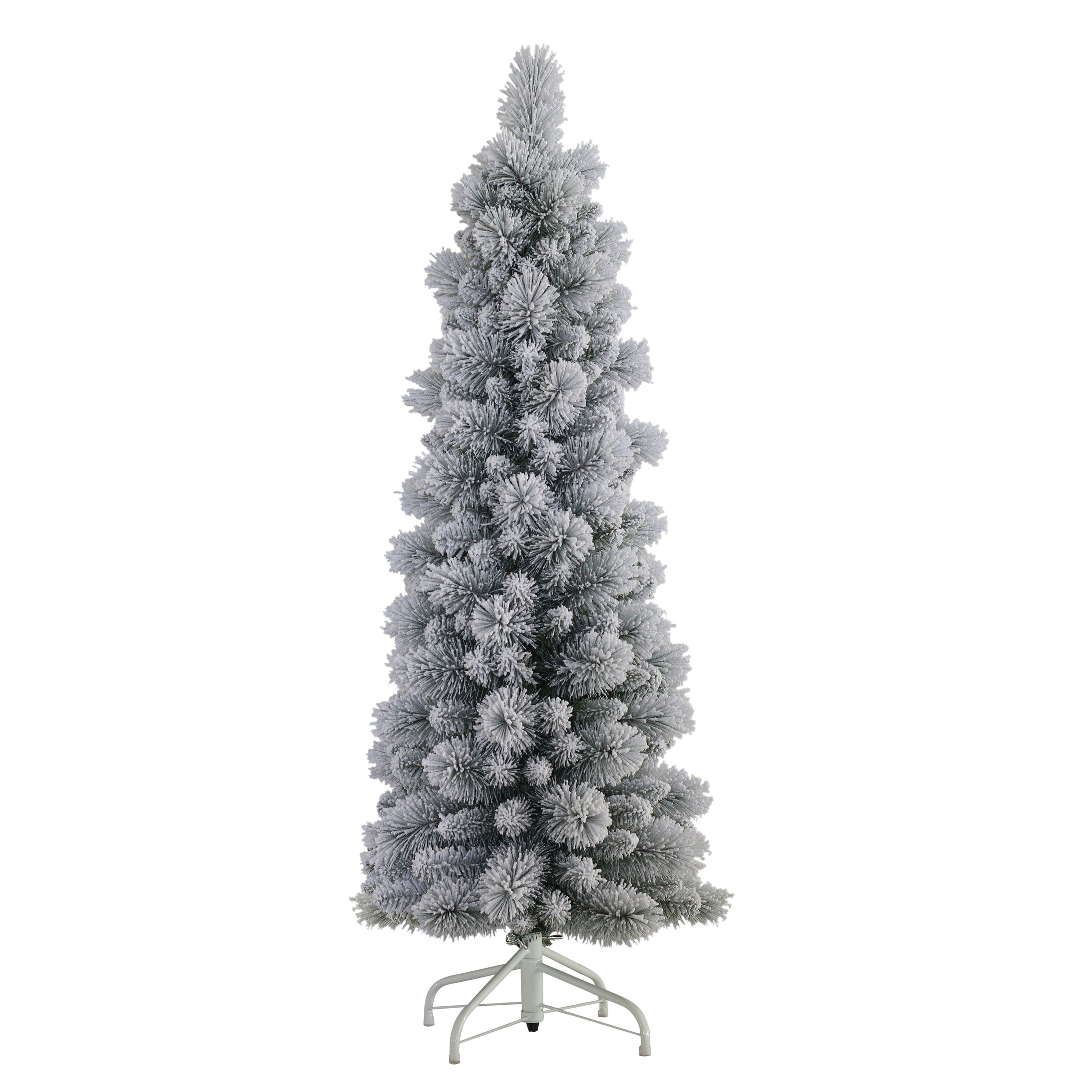 4.5 ft ft Flocked Portland Pine Pencil Artificial Christmas Tree Metal Stand Green TFP8305A-45