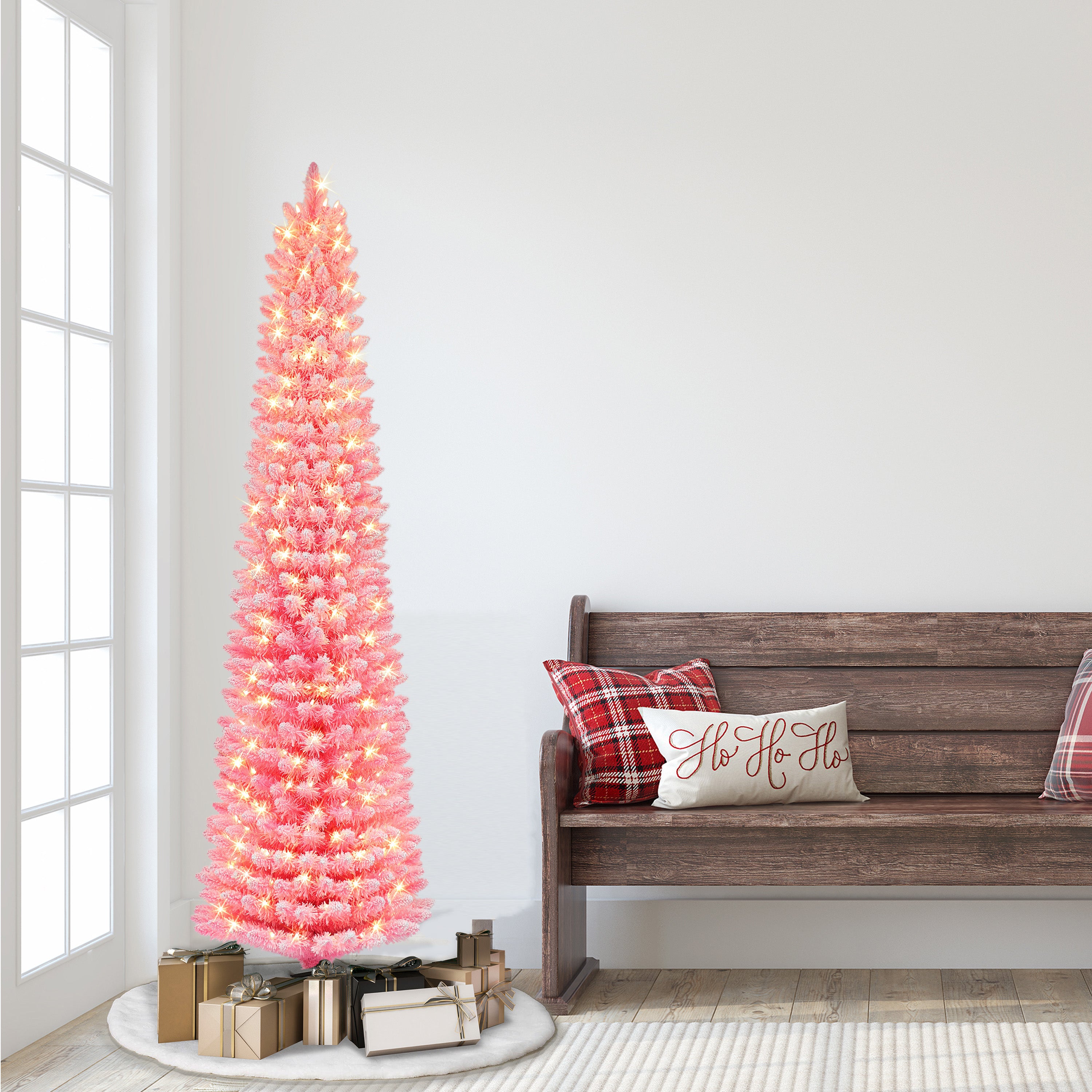 6.5ft Pre-lit Flocked Fashion Pink Pencil Christmas Tree