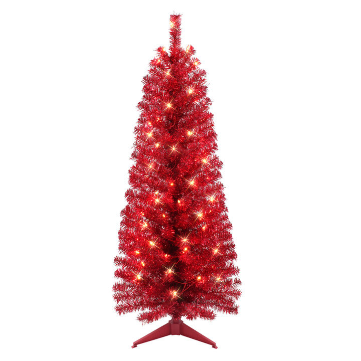 4.5 ft Pre-lit Red Tinsel Tree 160 Tips 70 UL Clear Lights Stand included 2675A-STRD45C07