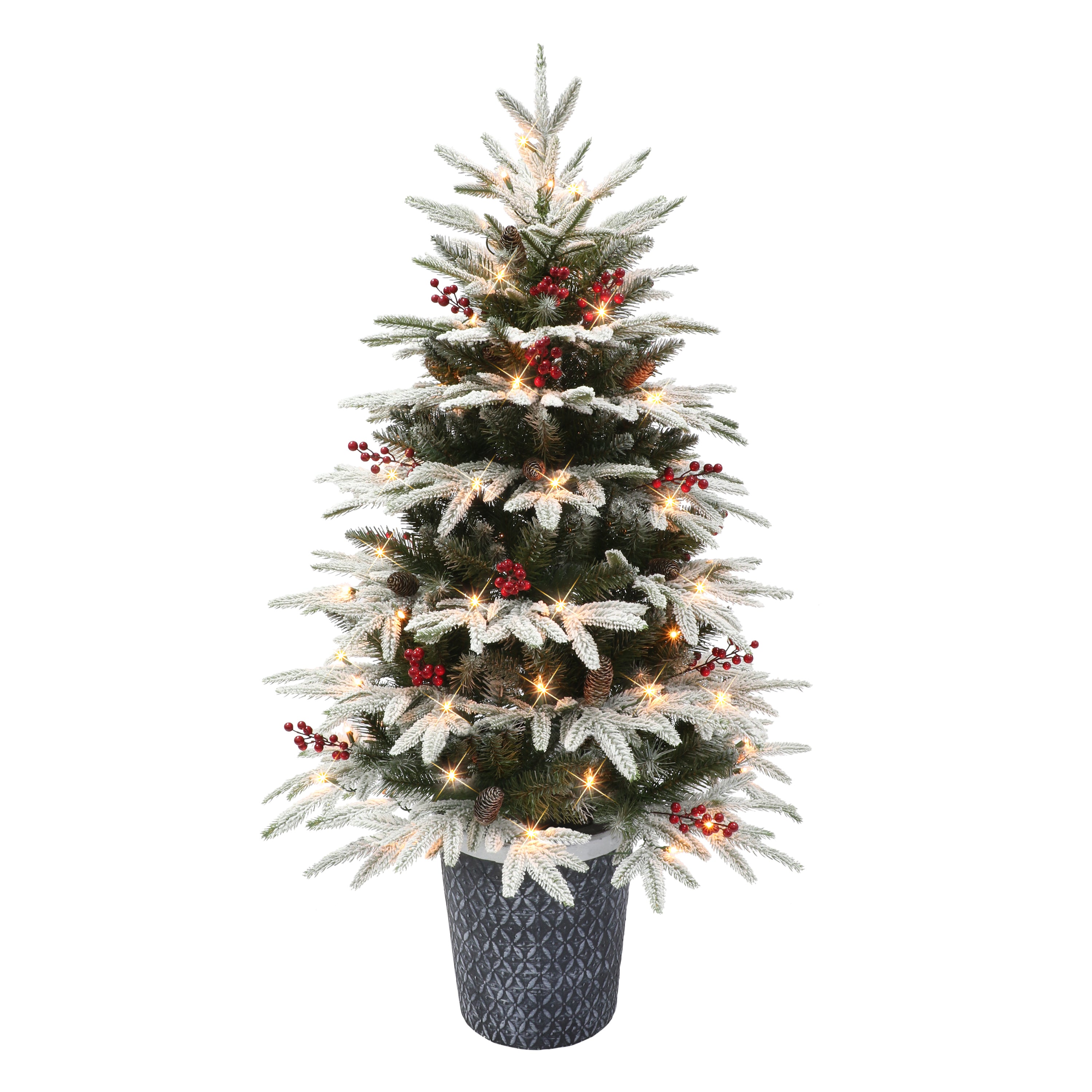 4.5 ft Pre-lit Potted Flocked Halifax Fir Artificial Christmas Tree with 70 UL Clear Lights Pinecones & Red Berries Green HXA-PT45C07