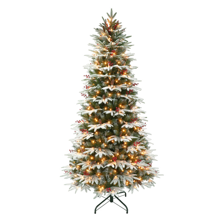 7.5 ft Pre-lit Slim Flocked Halifax Fir Artificial Christmas Tree with 500 UL Clear Lights Pinecones & Red Berries Metal Stand Green HXSLA-75C5