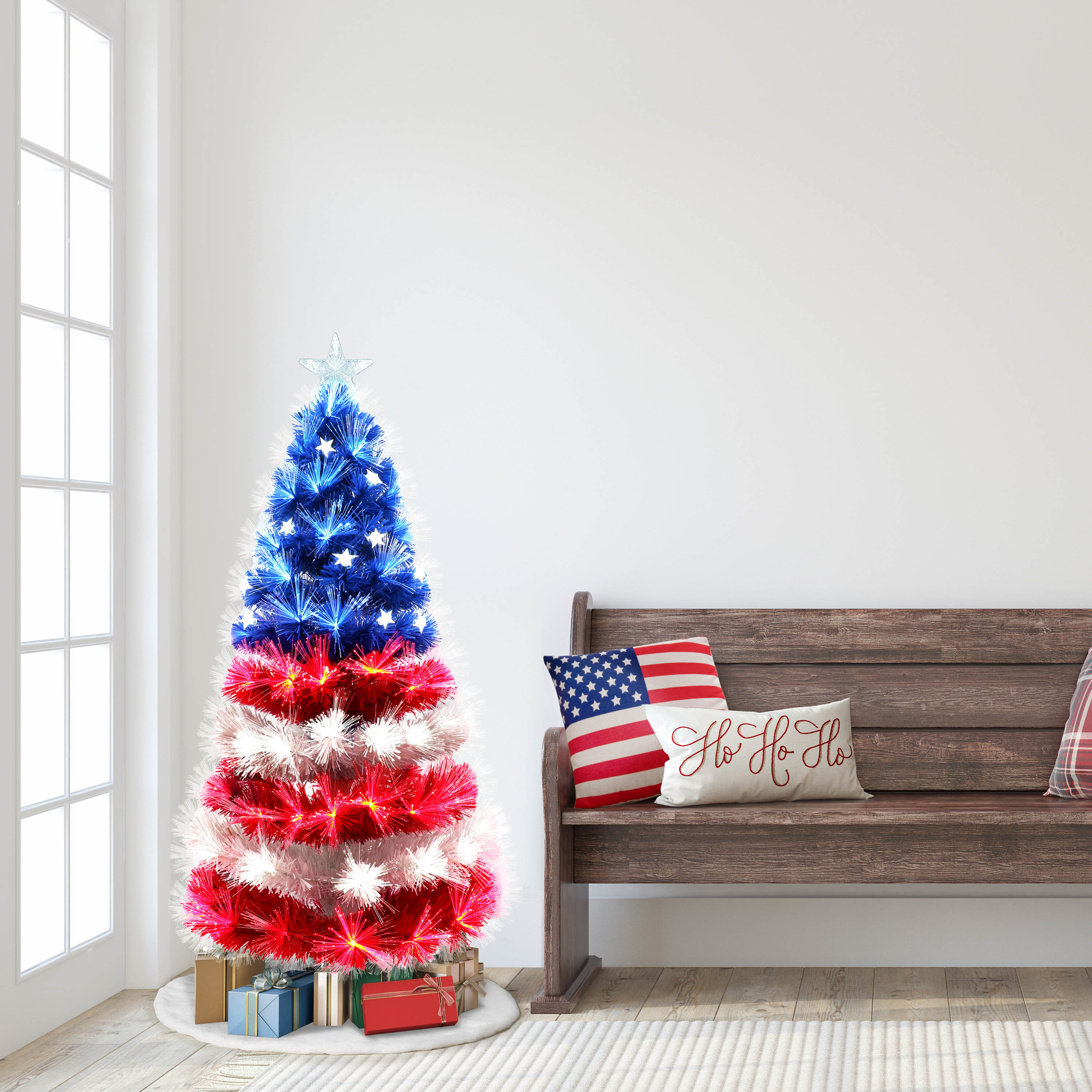4ft Fiber Optic & LED Patriotic Christmas & July 4th Tree 130 Red/White/Blue LED Lights ETL Adapter Metal Stand