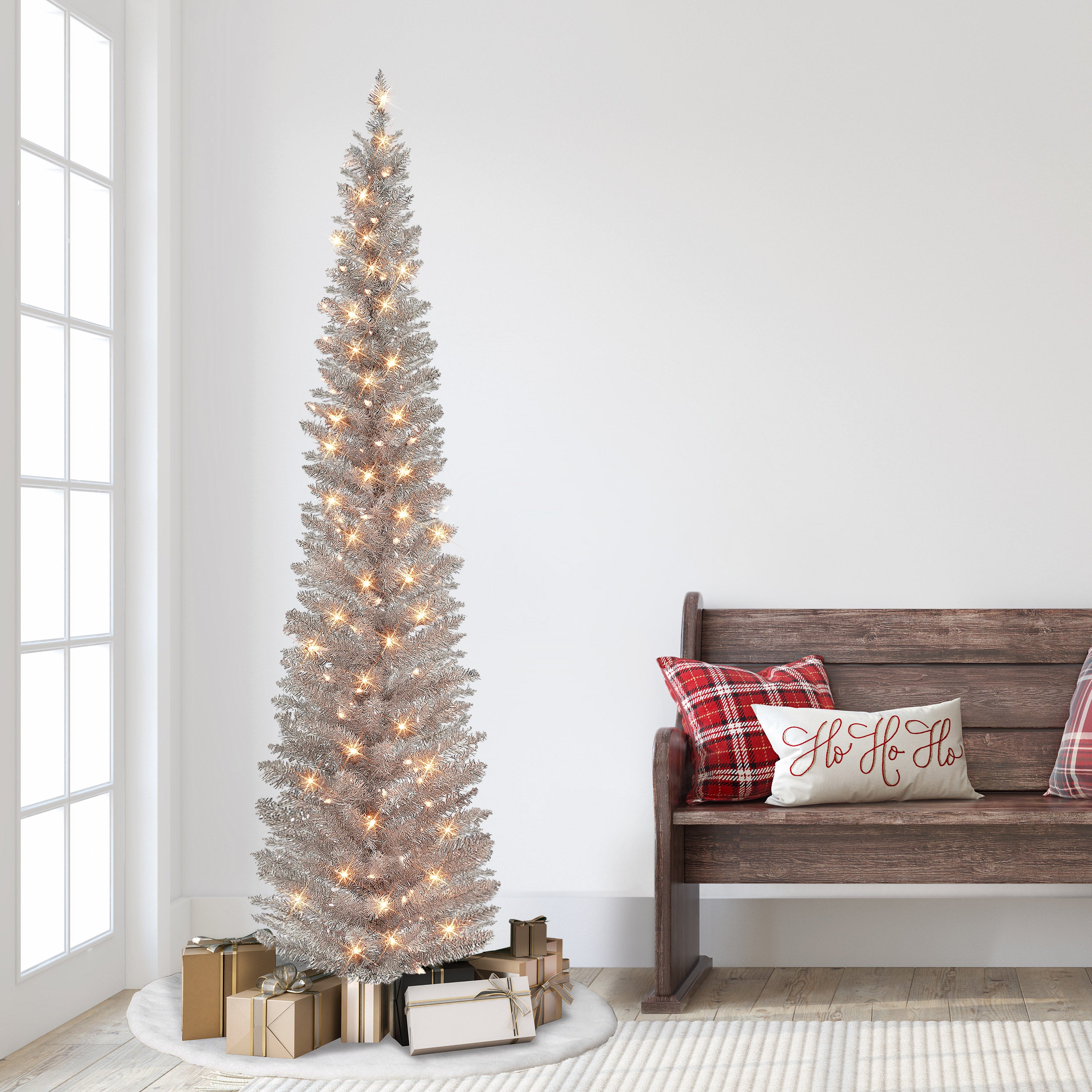 6ft Pre-lit Rose Gold Tinsel Pencil Tree