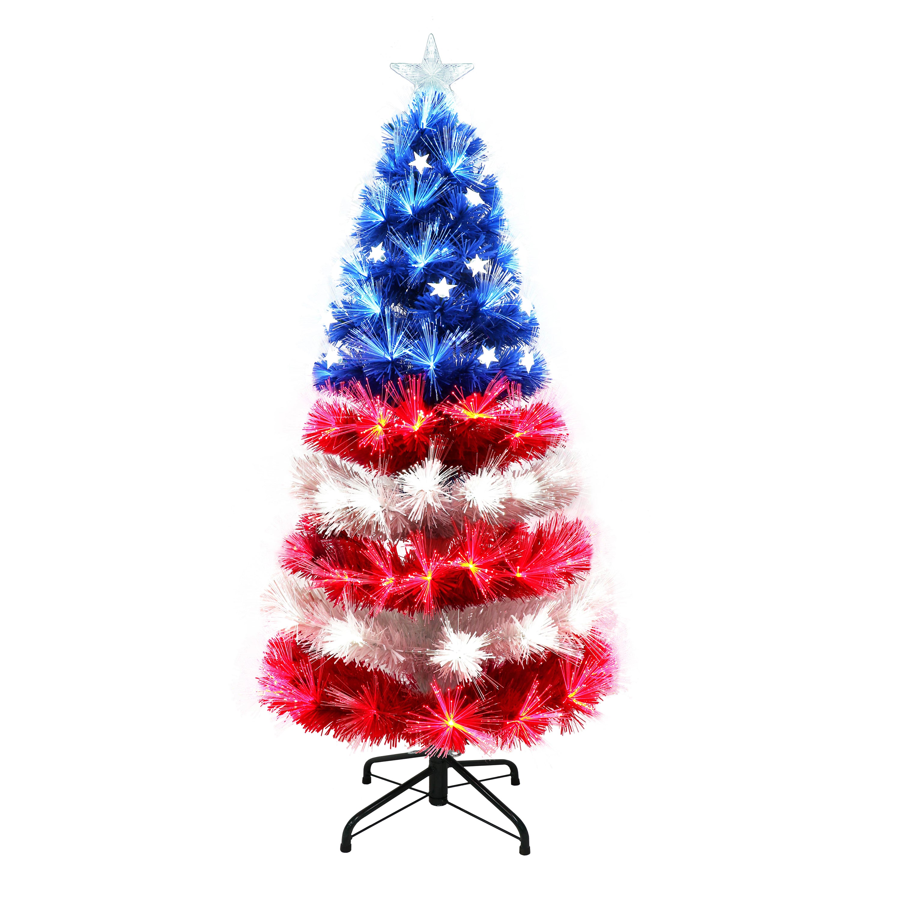 4 ft Fiber Optic & LED Patriotic Artificial Christmas & July 4th Tree 130 Red/White/Blue LED Lights ETL Adapter Metal Stand FOTA-0028-40L