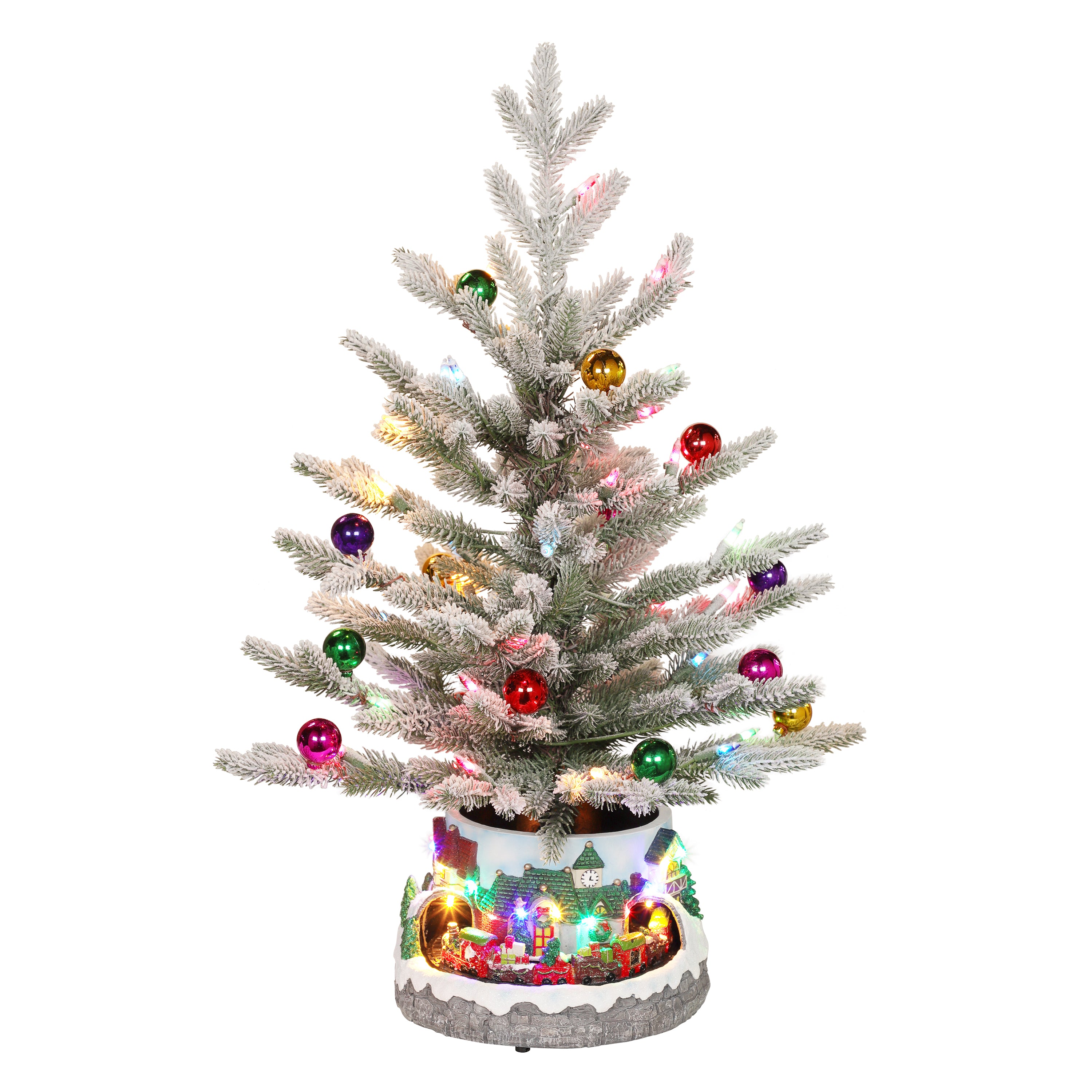 2 ft Pre-Lit Adorned Flocked Tree 49 Multi-Color Lights with Train 3837A-STF20M049