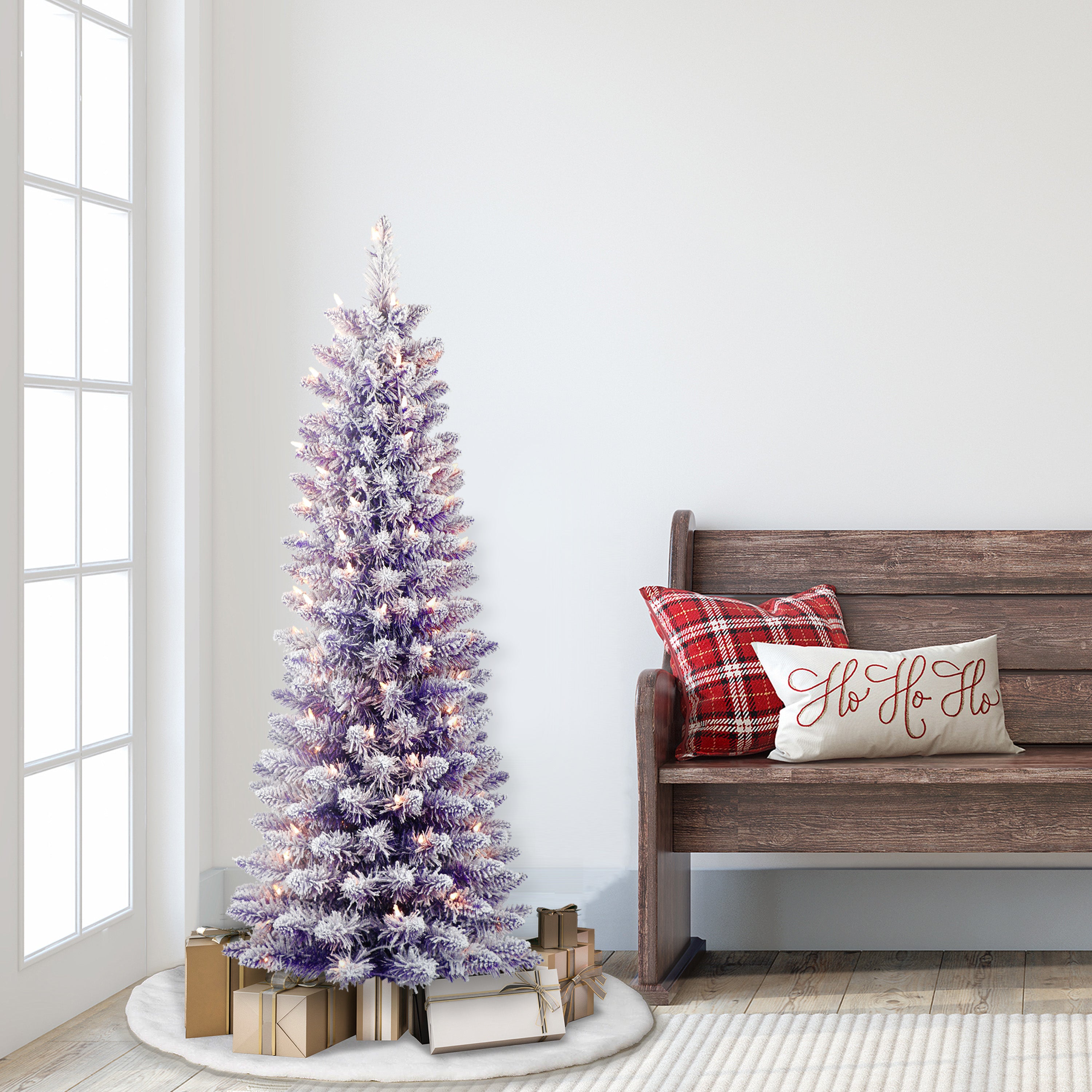 4.5ft Pre-Lit Flocked Fashion Purple Pencil Christmas Tree