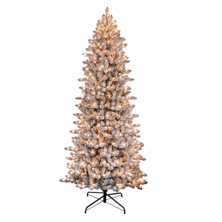 6.5 ft Pre-Lit Flocked Slim Fraser Fir Artificial Christmas Tree with 350 UL Clear Lights Metal Stand Green FFSLFA-65C35