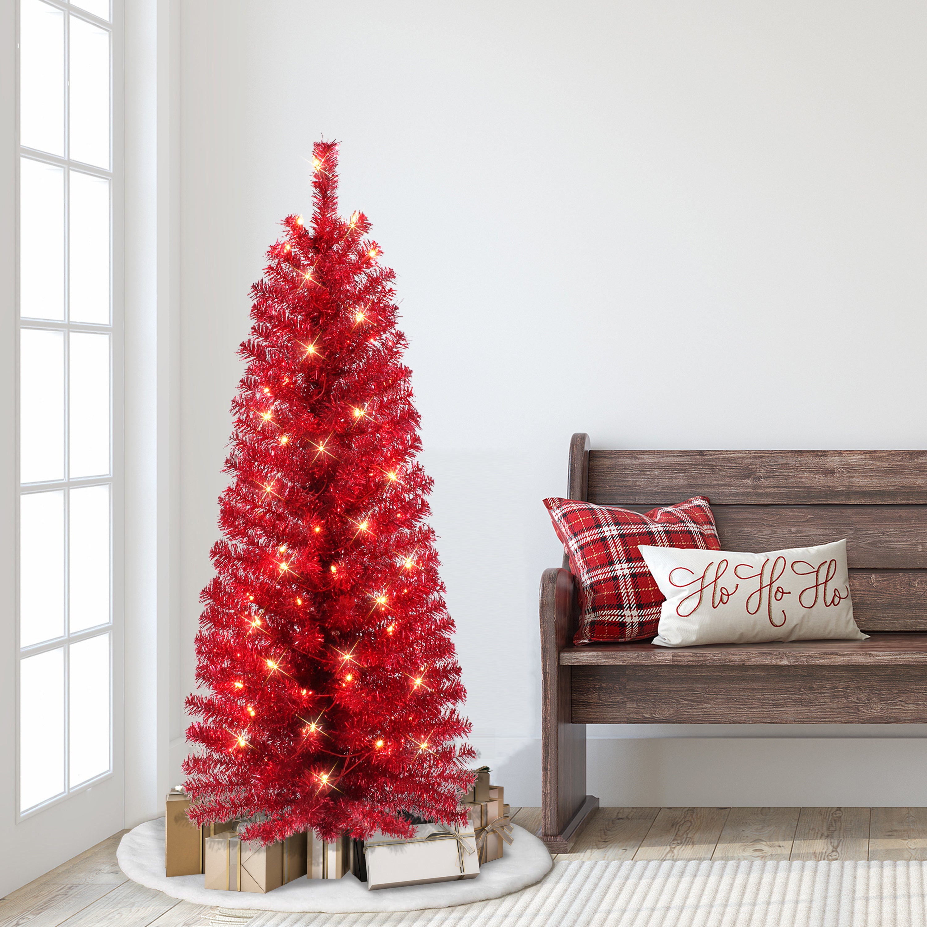 4.5ft Pre-lit Red Tinsel Tree