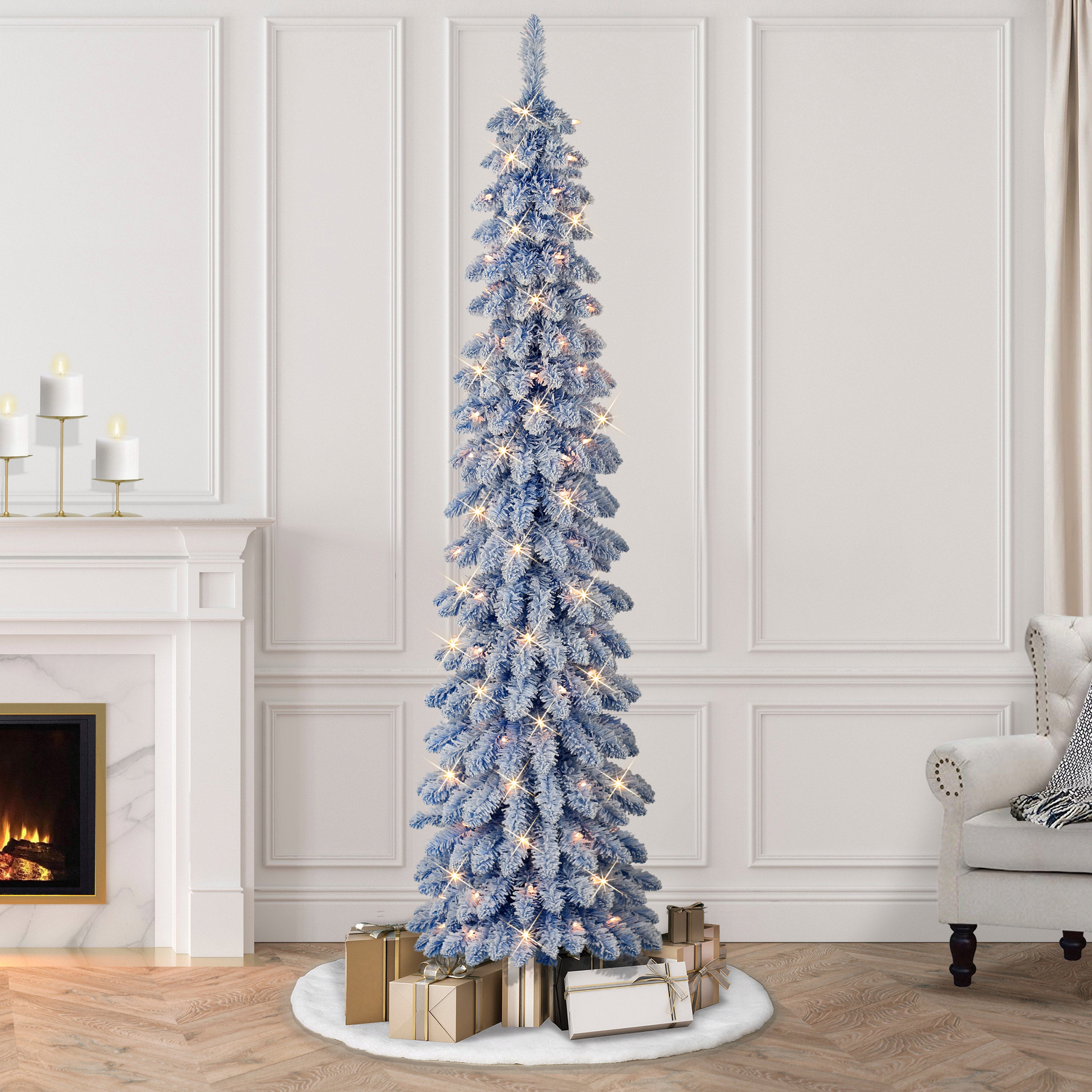7ft Pre-Lit Flocked Blue Alpine Pencil Tree