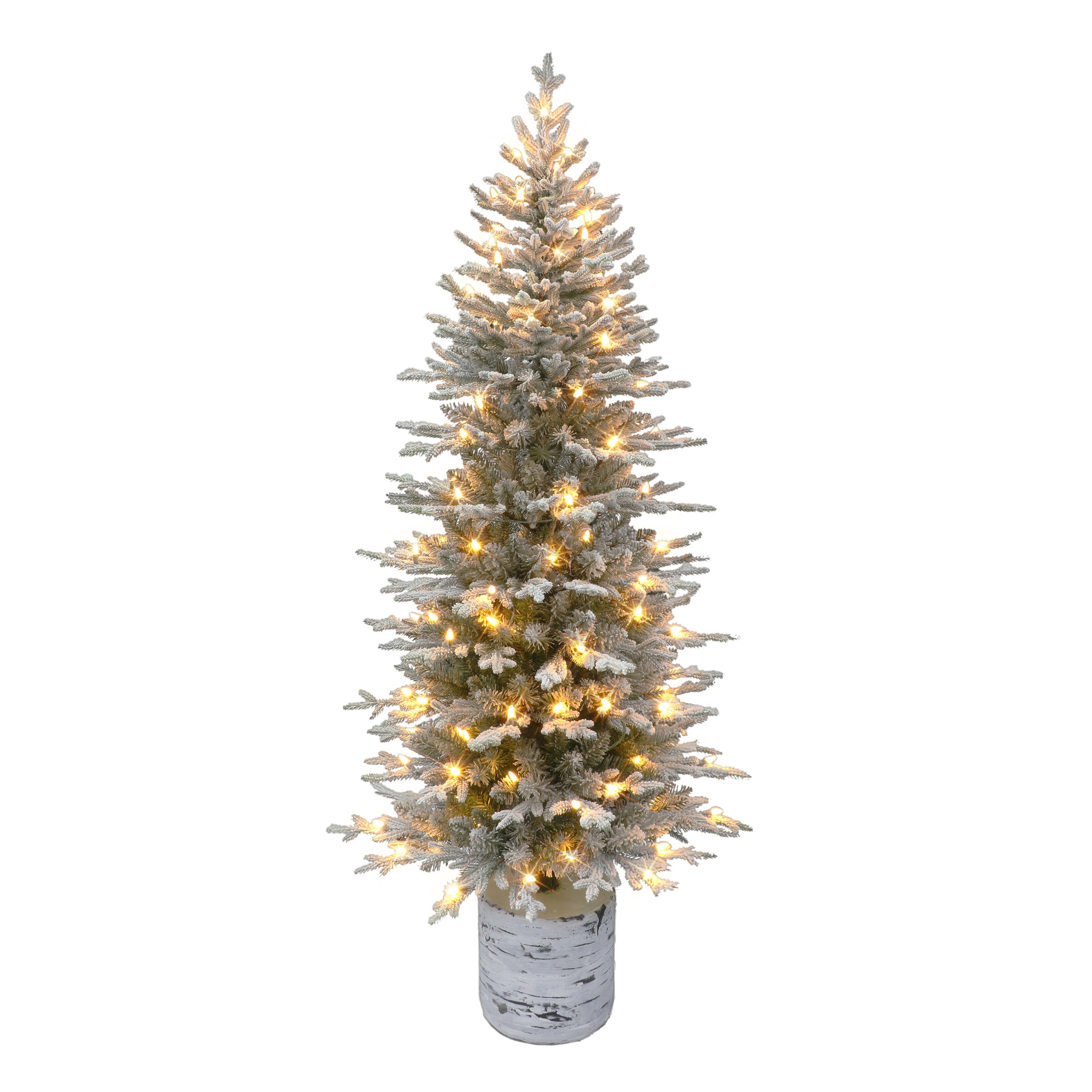 6 ft Pre-lit Potted Flocked Arctic Fir Pencil Artificial Christmas Tree with 120 Dual Color LED Lights UL Adaptor Green PTO9760A-60LD120