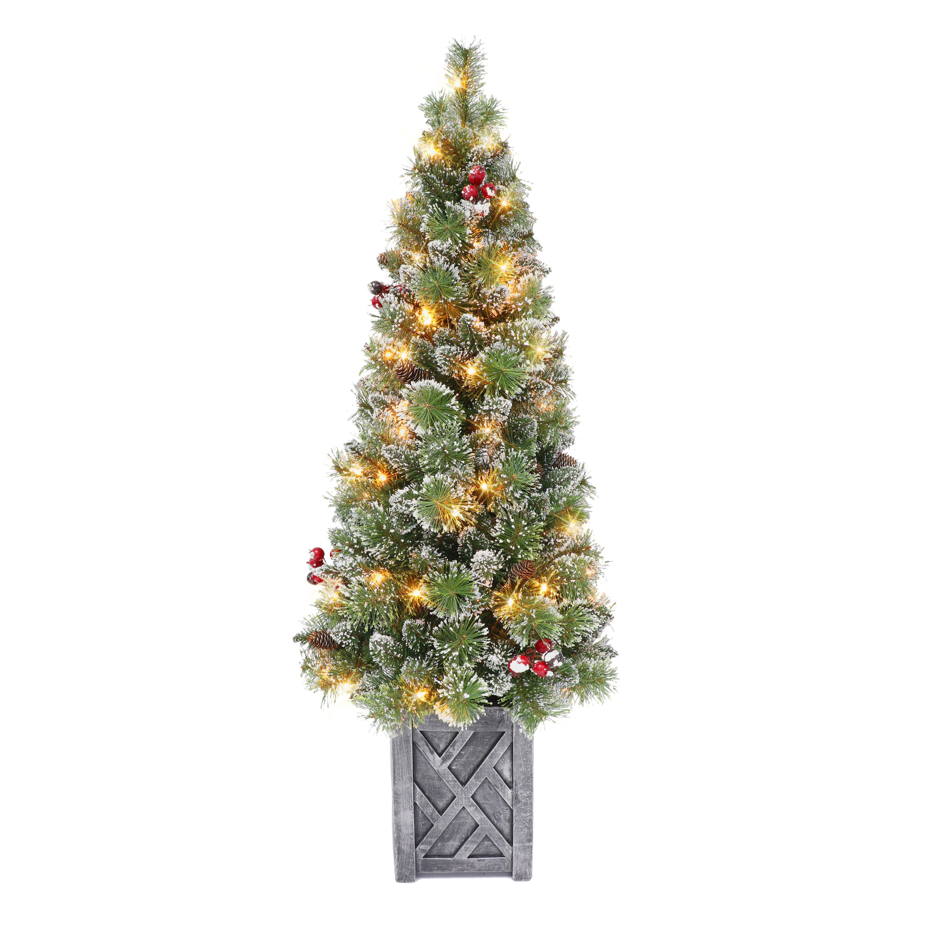 5 ft Pre-lit Potted Vancouver Pine Artificial Christmas Tree with 70 UL Clear Lights Pinecones Berries Decorative Pot Green VCPA-50C07
